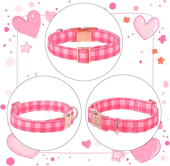 Pink Checkerboard Dog Collar, Classic Girly Plaid Dog Collars, Adjustable Heavy Duty Girl Dogs Collar for Small Medium Large Dogs with Metal Buckle XS