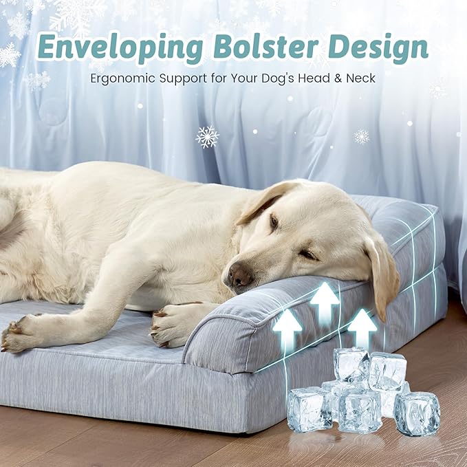 COZY KISS Cooling Dog Bed for Large Dogs, 42"x30" Orthopedic Foam Sofa with Bolster Sides, Q-Max >0.4 Cooling Technology, Cool Pet Bed with Removable Washable Cover, Blue
