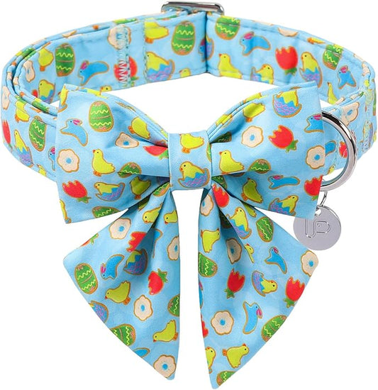 Easter Dog Collar with Bow Tie, Cotton Bunny Bowtie for Large Girl Boy Dog, Cute Rabbit Pet Collar with Metal Buckle, Gift, XL