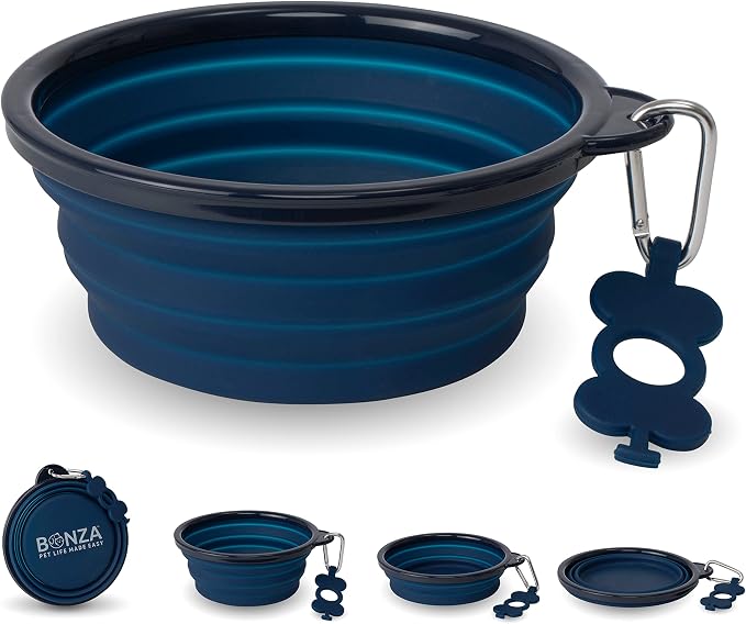 Bonza Collapsible Dog Bowl - Portable Travel Water Bowl for Dogs - Dishwasher Safe Silicone Pet Dish - Collapsible Pet Dish with Carabiner Clip - 50 Oz, X-Large, Navy Blue
