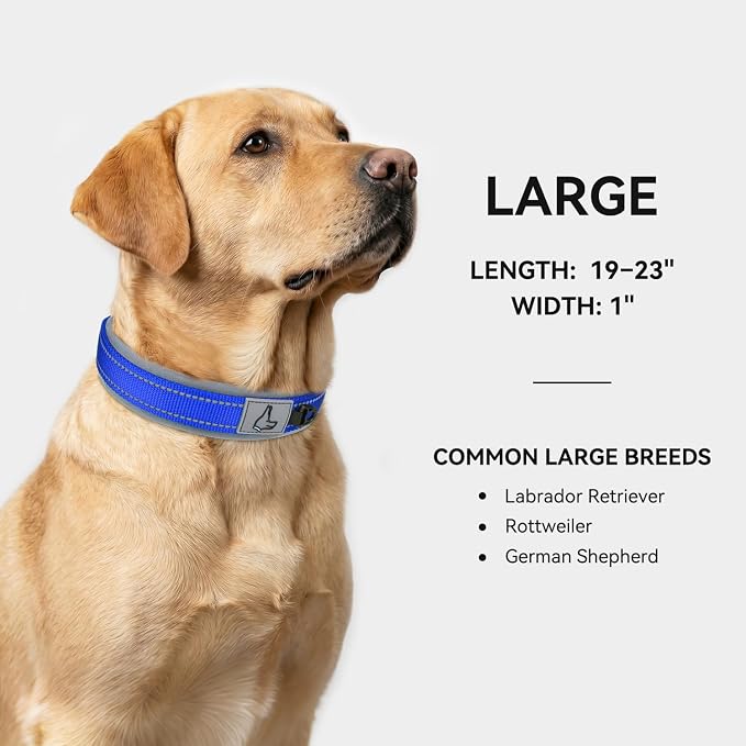 Joytale Dog Collar for Large Dogs, Neoprene Padded and Adjustable, Reflective Wide Heavy Duty Pet Collars with Durable Metal Belt Buckle for Walking, Navy Blue, L
