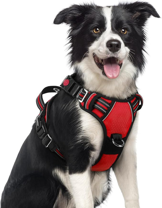 rabbitgoo Dog Harness Medium Sized, 3 Buckles Easy On & Off No Pull Pet Vest, Soft Padded Walking Pet Harness with Control Handle, Adjustable and Reflective, Red, M