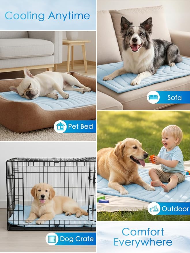 BECEMURU Dog Cooling Mat, Q-MAX＞0.46 Thickened Breathable Cold Pad for Summer Active Dog, 36"x23" Portable Washable Kennel Crate Pet Bed, Rapid Cooling Durable Non-Gel Blue