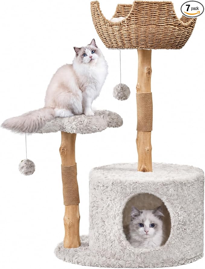 Easyego Modern Cat Tree, 39.9" Aesthetic Wood Cat Tree Tower for Large Cats, Luxury Cat Condo with Scratching Posts and Flower Platforms, Cat Furniture, Bullet Gray