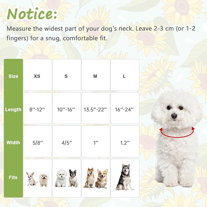 Dog Collar for Extra Small Dogs, Spring &Summer Theme Dog Collars with Sunflower Pattern, Adjustable Green Small Dog Collars, Cute Girl or Boy Dog Collar Ideal for Gifts,Pet Accessory,S