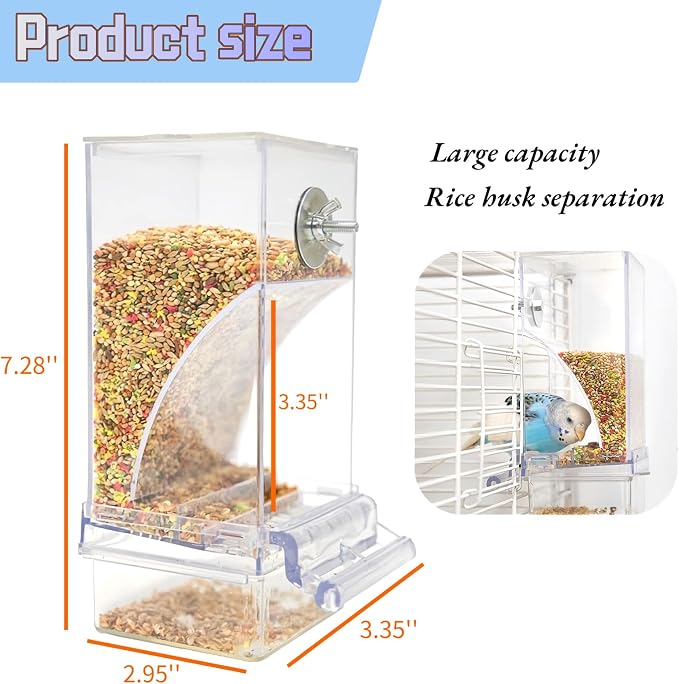 Automatic Bird Cage Feeder No Mess Parakeet Feeder Seed Food Container Feeding Station Cage Accessories for Small Birds Parrot Canary Lovebirds(Transparent)