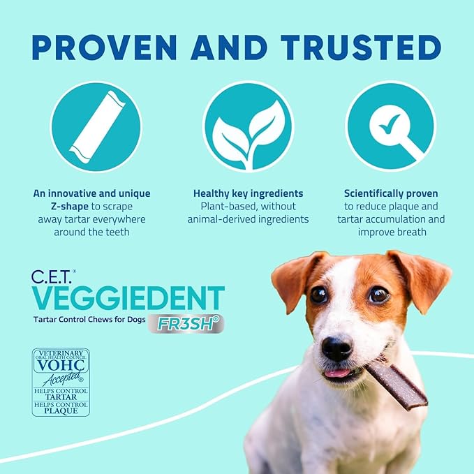 Virbac C.E.T.® VEGGIEDENT® FR3SH® Tartar Control Chews for Dogs with digestive health support, VOHC Approved, Extra Small <11lbs
