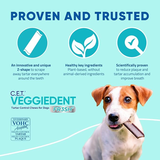 Virbac C.E.T.® VEGGIEDENT® FR3SH® Tartar Control Chews for Dogs with digestive health support, VOHC Approved, Small 11-22lbs