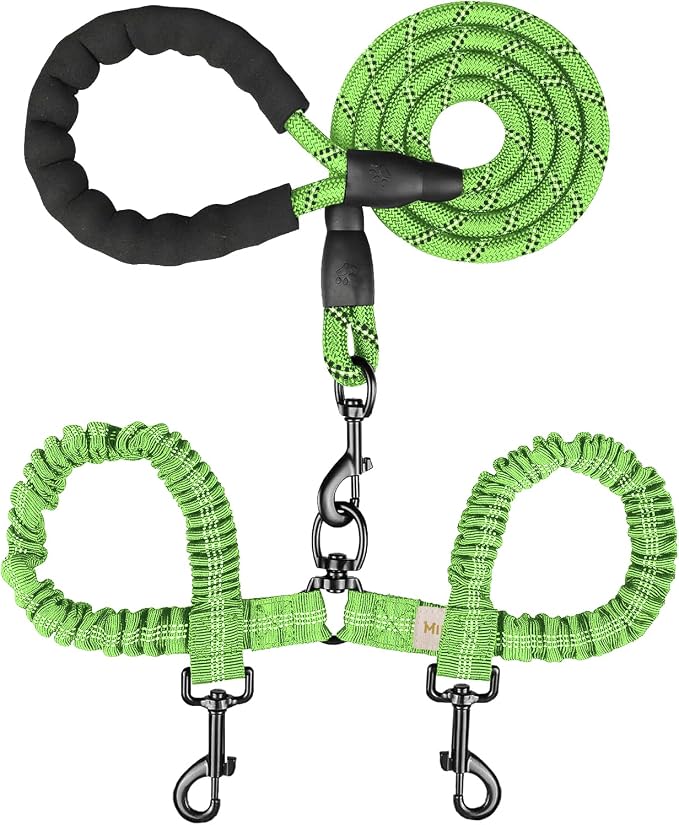 MingXpets Double Dog Leash - 360 Swivel, Tangle-Free Bungee Walking & Training Leash for Large & Medium Dogs, Shock Absorbing, Reflective, 18-120 lbs, Green