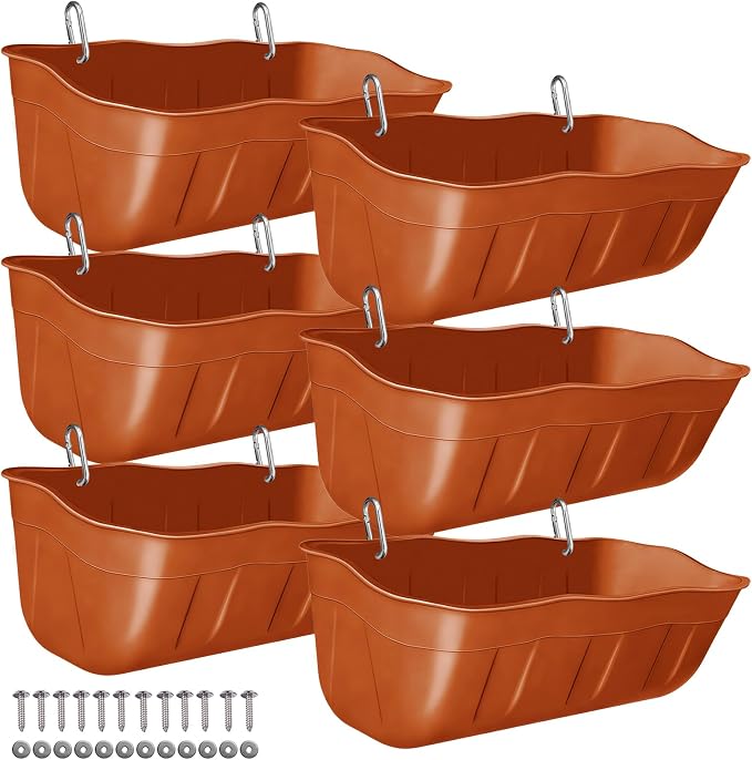 Hanging Chicken Feeders,Duck Feeder Waterer,Small Feed Trough 1.3 Quart 6 Pack,Hanging Fence Feed Trough for Poultry,Terracotta