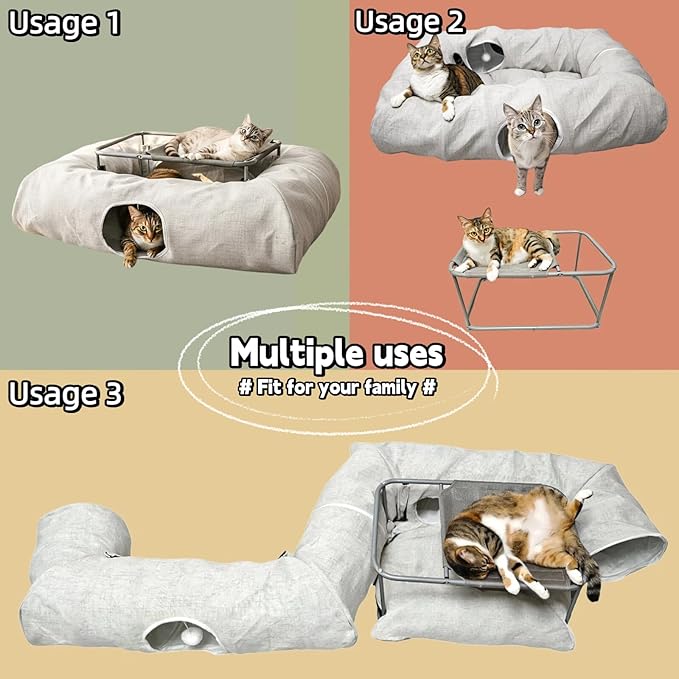 XxingSheep 2-Tier Hammock XXL Cat Tunnel Bed, 4 Cave Premium Hemp Fabric for Indoor Cats Toys Cave Donut with Soft Mat