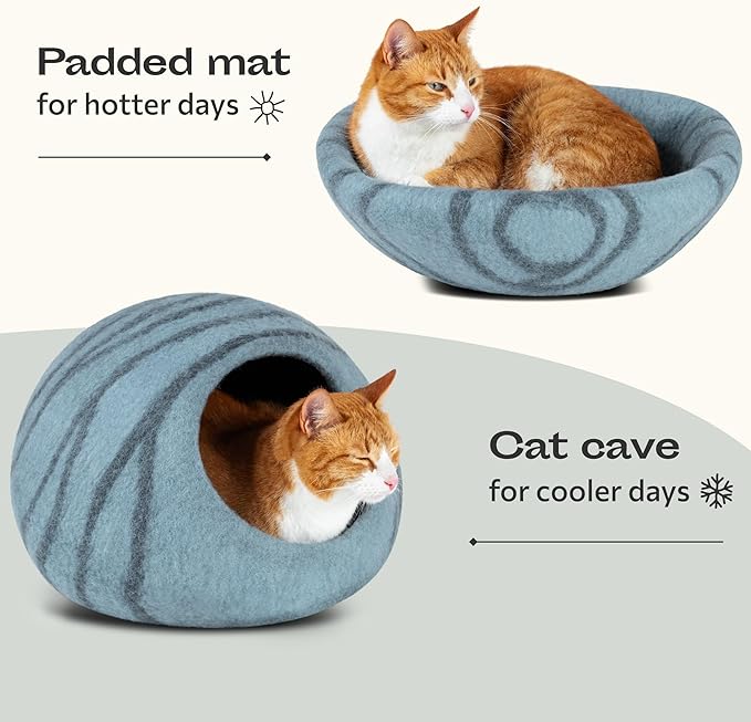 MEOWFIA Cat Cave – Premium Felt Cat Enclosure for Indoor Cats, Handmade Merino Wool (Aquamarine, Large)