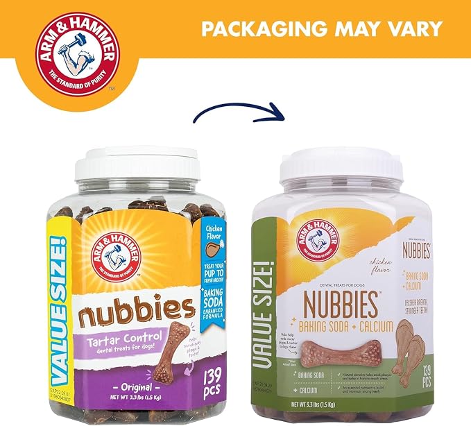 Arm & Hammer for Pets Nubbies Dental Treats Value Size Baking Soda Calcium Chicken Flavor Scrubs Plaque Tartar Freshens Breath 139 Count 52.8 OZ 2 Pack Dogs for Daily At-Home Oral Hygiene Routines