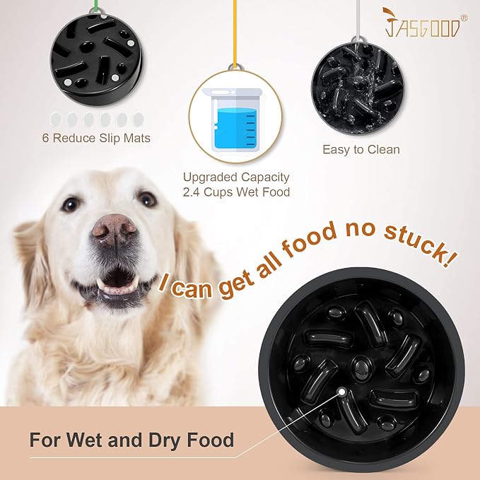 JASGOOD Dog Feeder Slow Eating Pet Bowl for Raised Pet Feeders Preventing Choking Food Water Bowl Elevated Diners Replacement Bowl (Black,Fit Opening 7.5"-8")
