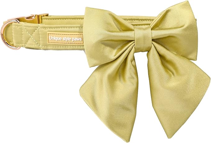 Unique Style Paws Silk Yellow Color Adjustable Durable Wedding Bow Tie Collar for Medium Dogs
