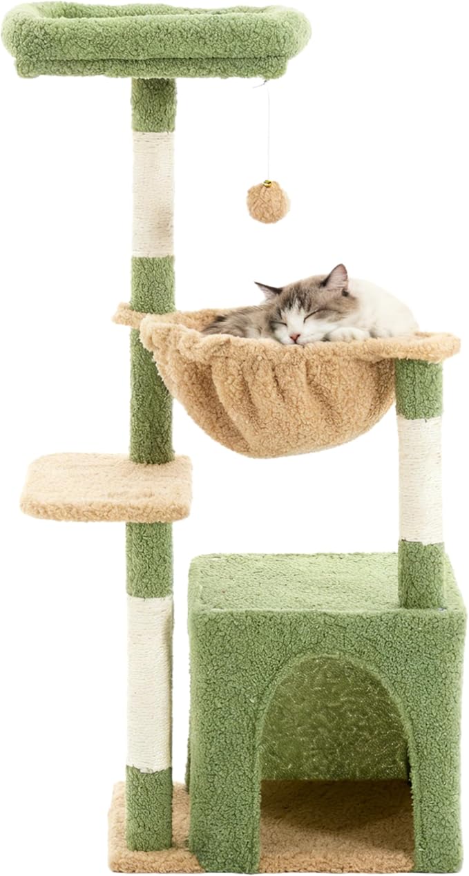 Cat Tree for Indoor Cats, 39.8-inch Cat Tower with 2 Plush Perches for Play & Rest, 1 Cozy Hideaway, Dangling Toy & Full Sisal Scratching Posts for Small Cats, Green