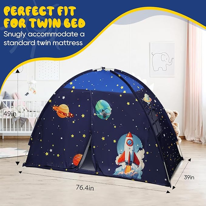 Redants Twin Bed Tent Canopy, Space Indoor Blackout Privacy Toddler Bed Tent for Kids with Light, Portable Sleeping Floor Kids Playhouse (Blue, Twin Size)
