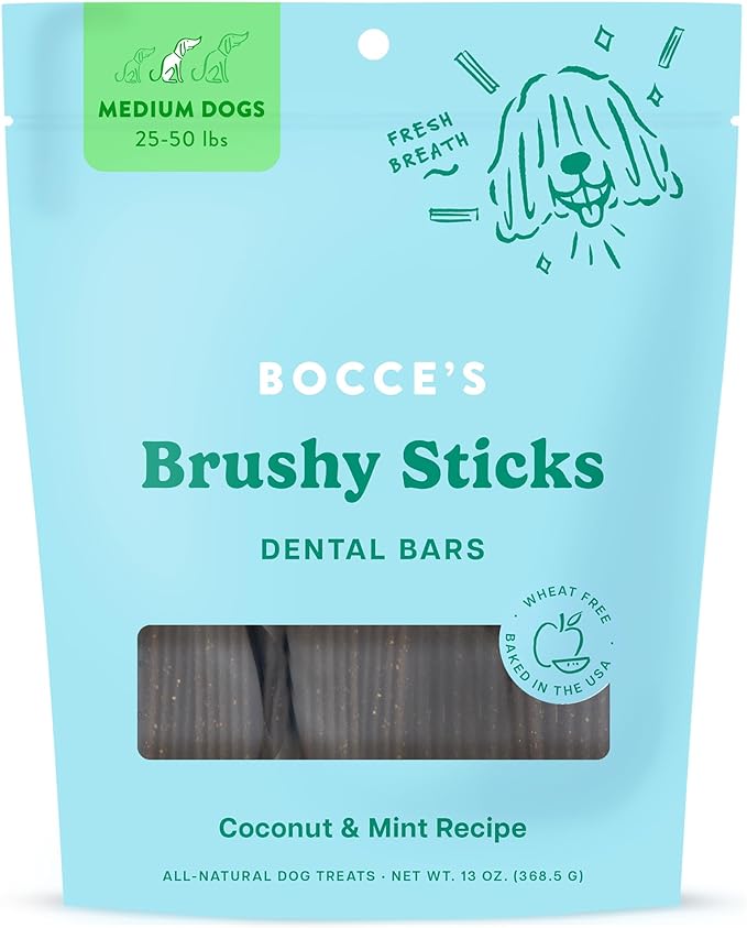 Bocce's Bakery Dailies Brushy Sticks to Support Oral Health & Fresh Breath, Wheat-Free Dental Bars for Dogs, Made with Real Ingredients, Baked in The USA, Natural Coconut & Mint, Medium Dogs