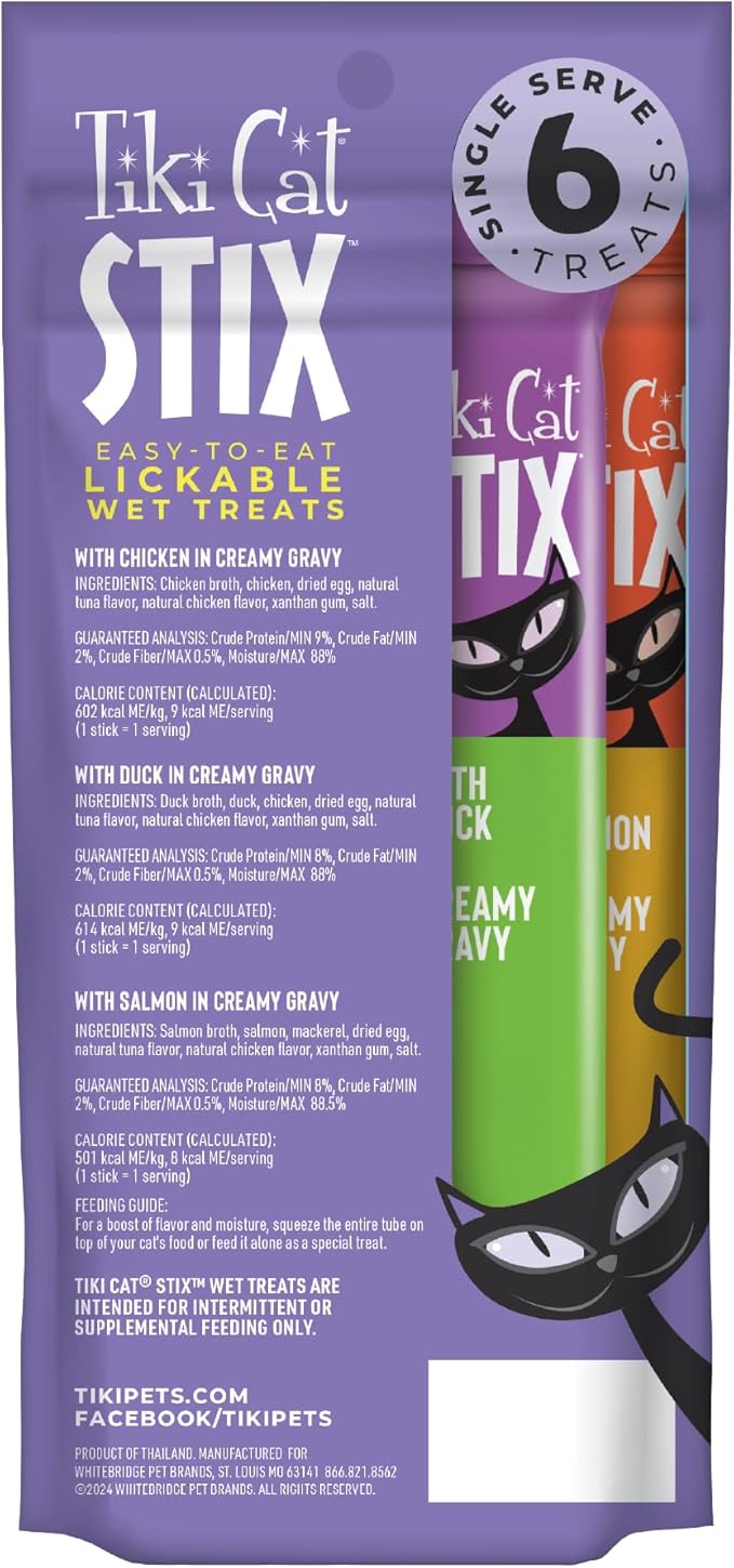 Tiki Cat Stix Mousse Treats, Single Serve Indulgent Lickable Treat or Dry Food Topper, Variety Pack with Salmon, Chicken, and Tuna, 3 oz. Pouch