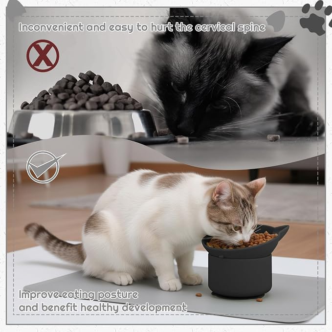 2 Pack Slow Feeder Cat Bowls, Silicone Tilted Raised Pet Bowl with Non Slip Base for Digestion Anti Vomit, Black, Green