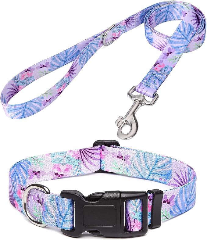 Mihqy Dog Collar and Leash Set with Bohemia Floral Tribal Geometric Patterns - Soft Ethnic Style Collar Adjustable for Small Medium Large Dogs(Purple Flower Flower Set,S)
