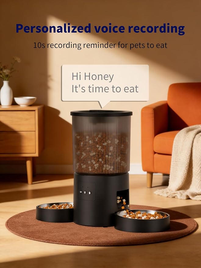 Automatic Cat Feeder, 2.4GHz WiFi Automatic Dog Food Dispenser, Fresh Protection, 4.5L Timer Feeder, Personalized Recording 10 Seconds, Easy to Clean, Stainless Steel Bowl (Double/Black)