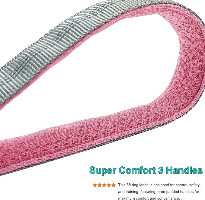 BTINESFUL 8ft Dog Leash with 3 Handles, Triple Handle Reflective Shork Absorbing Bungee Dog Leash for Control & Safety Training for Large Medium Dogs (1 in x 8 ft, Grey)