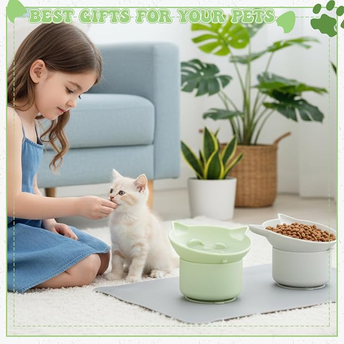 2 Pack Slow Feeder Cat Bowls Silicone Tilted Raised Pet Bowl with Non Slip Base for Digestion Anti Vomit, Gray, Green