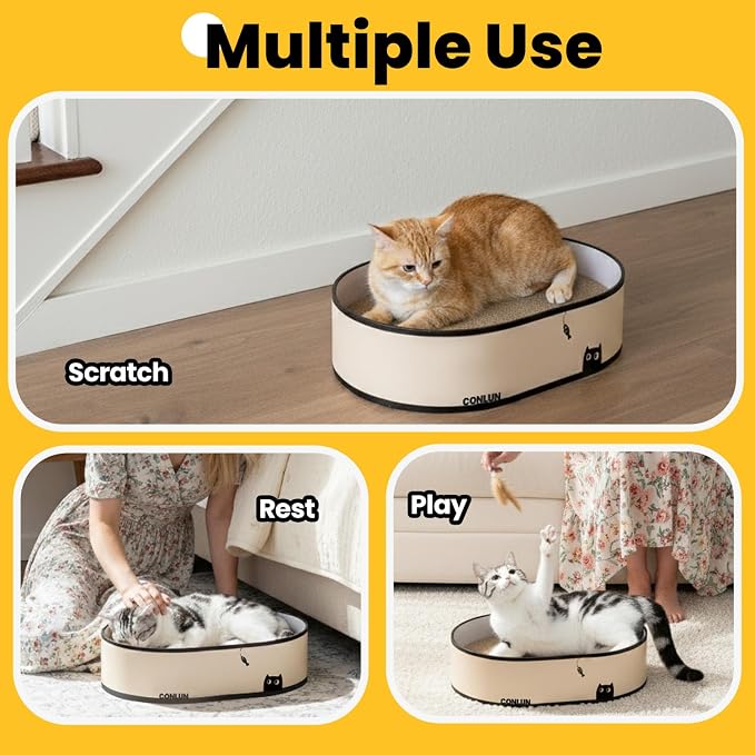 Conlun Cat Scratcher Box with 4 Cat Scratching Board Reversible Cat Scratch Pad, Heavy Duty Corrugated Cardboard Cat Bed Lounger Cat Scratchers for Indoor Cats, Protects Furniture,Kittens Gifts-Large