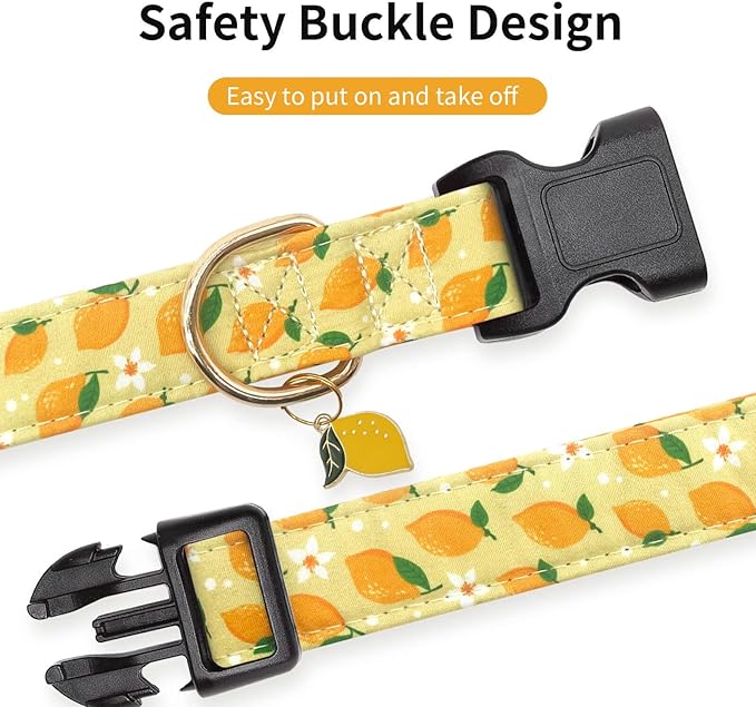 Cotton Dog Collar,Soft and Cute Puppy Collars with Lemon Patterned Design for Girl Female Boy Dogs,Adjustable Buckle Pet Collar for Small Medium Large Dogs (Yellow Lemon, S)