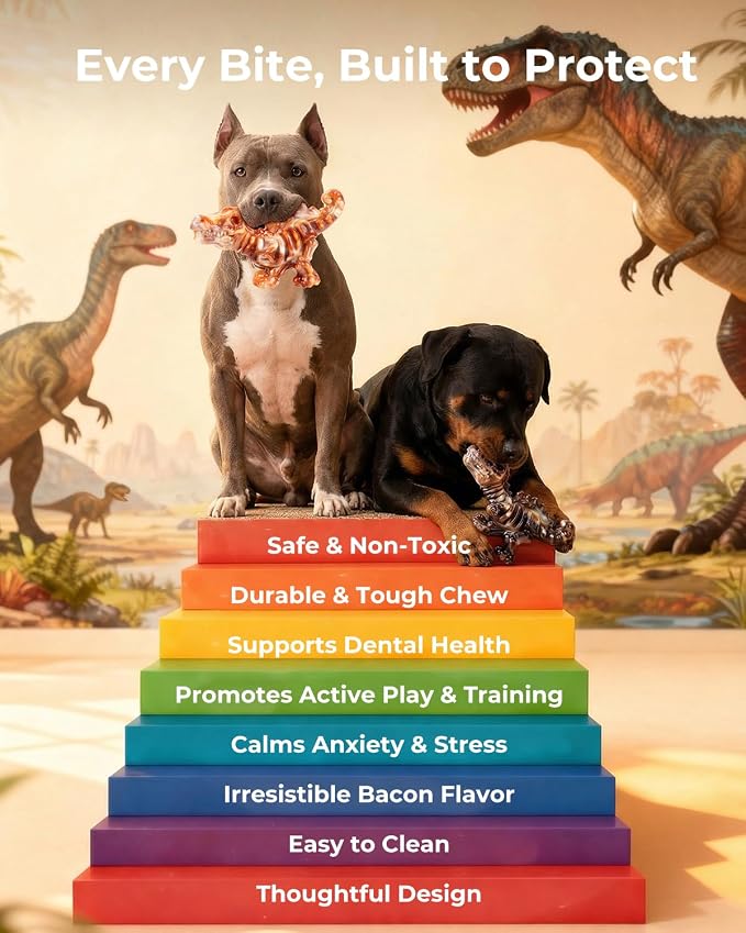 DinoBone Dog Chew Toys for Aggressive Chewers, 2 Pack Tough Nylon Dinosaur Bones for Large Dogs 20–90 lbs, Long Lasting Chewing Outlet, Helps Redirect Destructive Chewing, Bacon Flavor