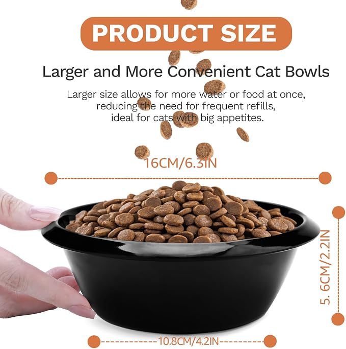 2PCS Cat Bowls Pet Feeding Dish 6.3 Inch, Wide Pet Bowl Pet Feeding Bowl for Indoor Cats, Replacement Food and Water Bowl, Wide Shallow Feeder Bowls for Kitten, Puppy, Rabbit (Black)