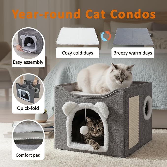 Cat Houses for Indoor Cats, Large Cats Bed Cave, Kitten Cube Box,Cat Condo with Scratching Pad, Hanging Fluffy Ball & Peekaboo Window, Foldable Hideaway Hand-Washable(16x16x13.3 Inches,Grey)