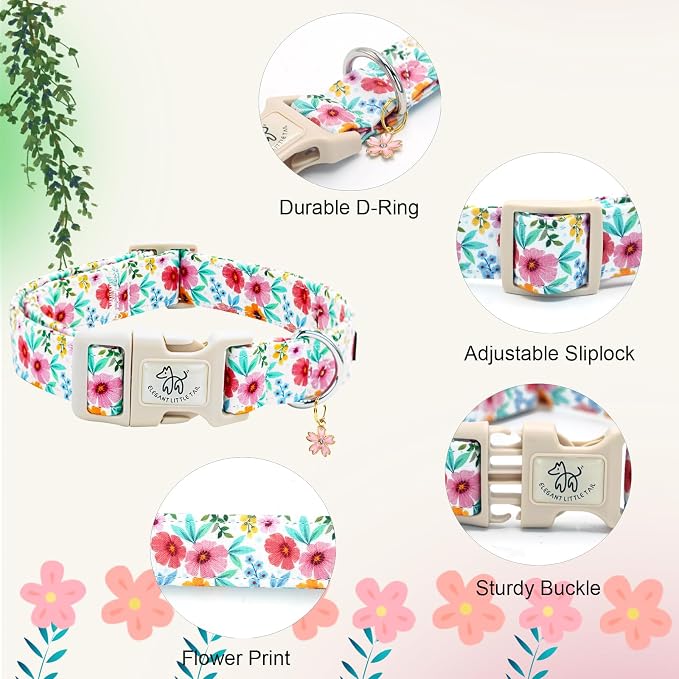 Elegant little tail Dog Collar, Pink Floral Print Pink Puppy Male Adjustable Cotton Pet Collar with Quick Release Buckle for Small Medium Large Dogs
