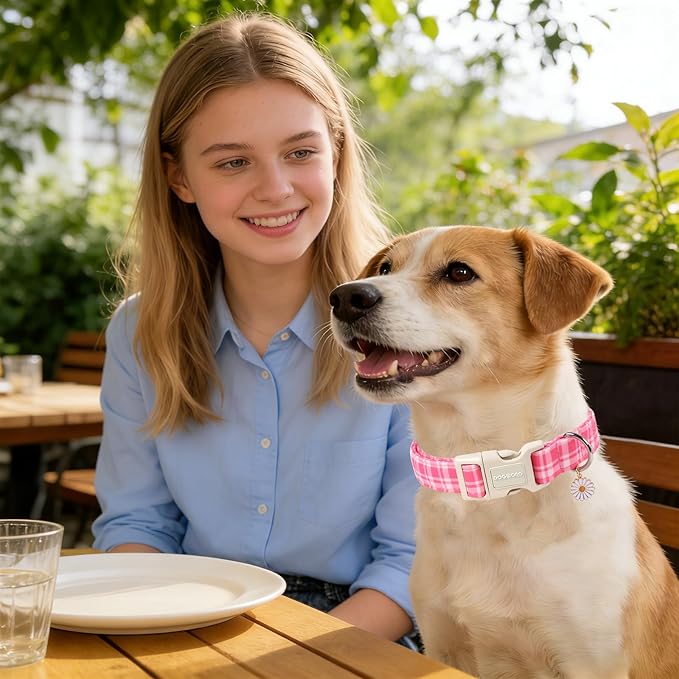 DOGWONG Pink Plaid Dog Collar for Girl Dogs, Pink Checked Dog Collars, Adjustable Soft Cute Pink Dogs Collars for Large Dogs, Neck 42-66 inches