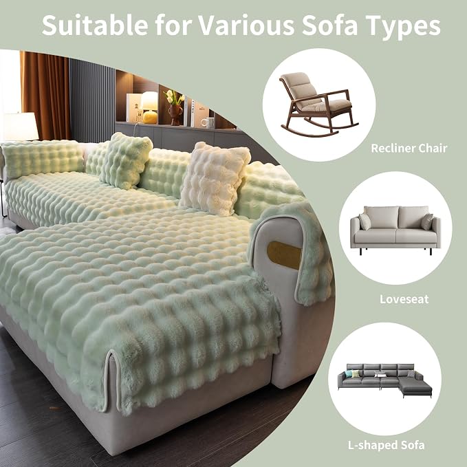 Faux Fur Couch Cover, Soft Warm Plush Sofa Couch Cover, Non Slip Sectional Sofa Slipcovers for L Shaped, Washable Furniture Protector for Kids, Dogs(Green, 36"×63")