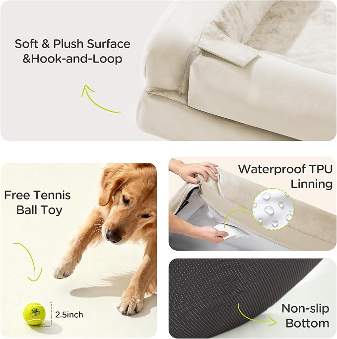 Extra Large Dog Bed, Orthopedic XL Washable Bed for Big Dog Waterproof Pet Couch Sofa Bolster with Removable Cover, Non-Slip Bottom, Tennis Ball Toy, 42 x 30