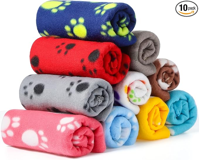 Tatuo 10 Pieces Pet Blankets with Paw Print Dog Cat Fleece Blankets Soft Warm Sleep Mat Pad Bed Cover for Kitten Puppy and Other Small Animals, 24 x 28 Inch(Bright Color)
