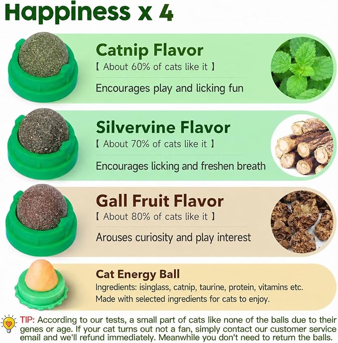 Potaroma Catnip Toys Balls 4 Pcs, Extra Cat Energy Ball, Edible Kitten Silvervine Toys for Cats Lick, Healthy Kitty Teeth Cleaning Dental Chew Toys, Cat Wall Treats (Green)