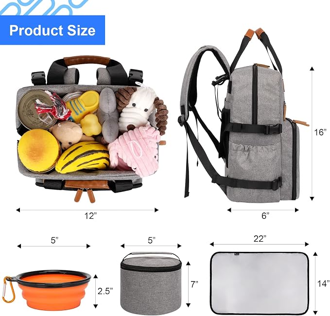 Modoker Dog Travel Bag, Airline Approved Backpack, Grey | Pet Accessories Organizer, 2 Food Storage Containers, 2 Collapsible Dog Bowls, Includes Pet Mat, Tote Weekend Bag