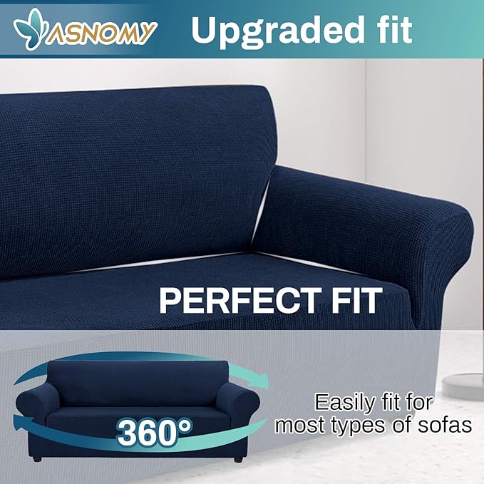 Asnomy Couch Covers for 3 Cushion Couch Stretch Sofa Covers Slipcovers, Pet Protector Furniture Covers for Dogs Cats Spandex Jacquard Fabric Small Checks （Large， Navy Blue）
