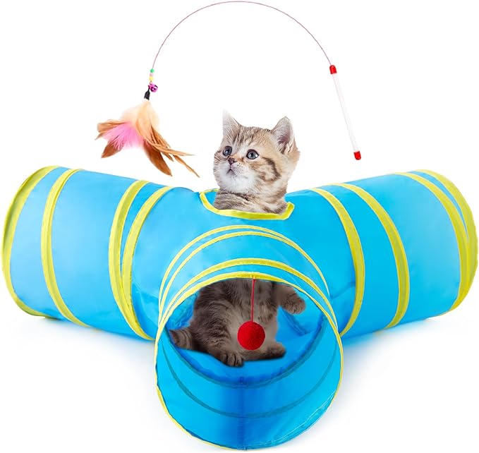 Tempcore Cat Tunnel for Indoor Cats, 3 Way Collapsible Pet Play Tunnel with Teaser Wand, Peek Holes & Hanging Ball, Interactive Tube for Kittens & Rabbits, Blue & Yellow