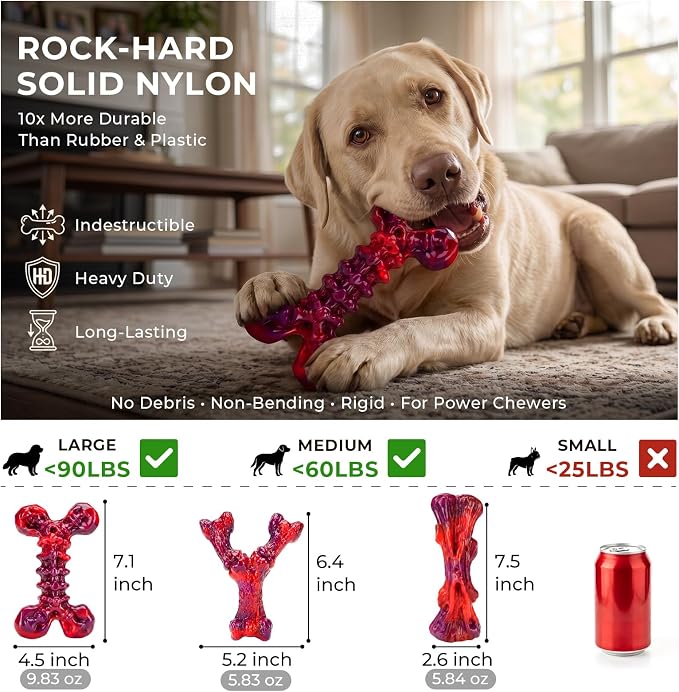 Kseroo 3-Pack Beef Flavored Dog Chew Toys for Aggressive Chewers, Red-XL | Indestructible, Heavy Duty, Rock-Hard Solid Nylon Bones for Medium & Large Dogs 25-90lbs, Tough, Long-Lasting, Keep Them Busy
