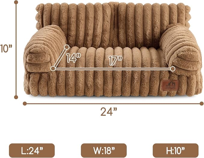 Hollypet Fluffy Dog Cat Bed Pet Couch Beds Plush Soft Warming Machine Washable Puppy Bed with Non-Slip Bottom for Cats and Small Medium Dogs up to 25 lbs, Brown, 24" L x 18" W x 10" Th