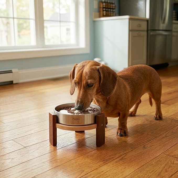 Elevated Dog Bowl Stand, 4'' Height Raised Stand for Small Dogs, Includes 1Cup Stainless Steel Slow Feeder Dog Bowl, Durable Solid Hardwood