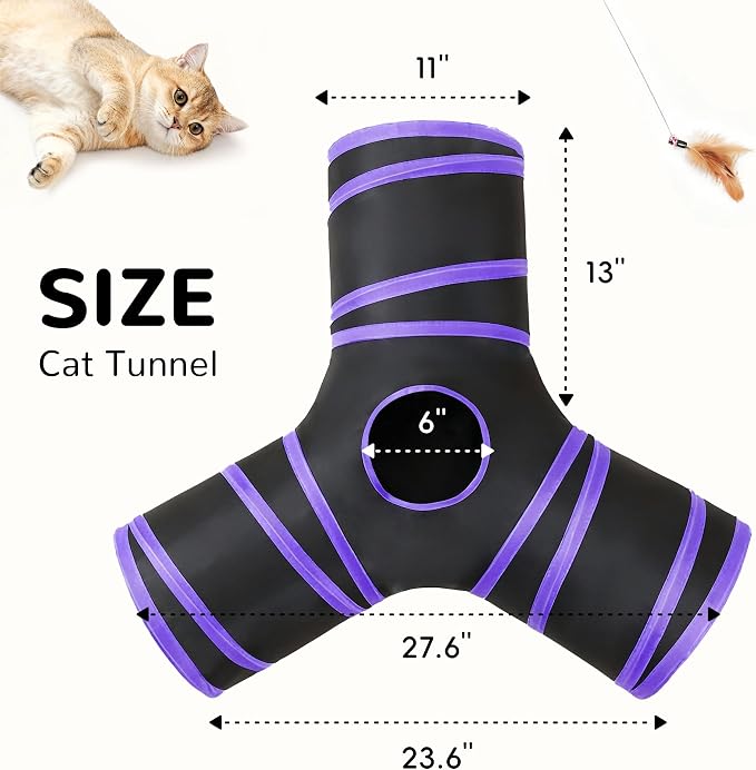 Tempcore Cat Tunnel for Indoor Cats, 3 Way Collapsible Pet Play Tunnel with Teaser Wand, Peek Holes & Hanging Ball, Interactive Tube for Kittens & Rabbits, Black & Purple