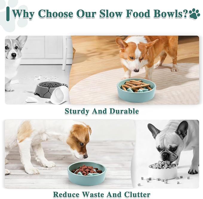 Ceramic Slow Feeder Dog Bowls, 0.6 Cups Dog Food Dish for Small and Medium Breed, Puzzle Dog Food Bowl for Fast Eater, 15OZ, 6.3 inch(Light Green)