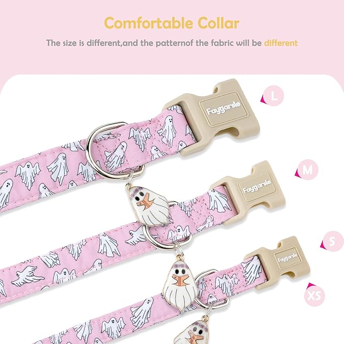 Faygarsle Pink Ghost Pattern Dog Collar with Charm, Halloween Pet Necklace, Adjustable Collar for Small Medium Large Dogs L