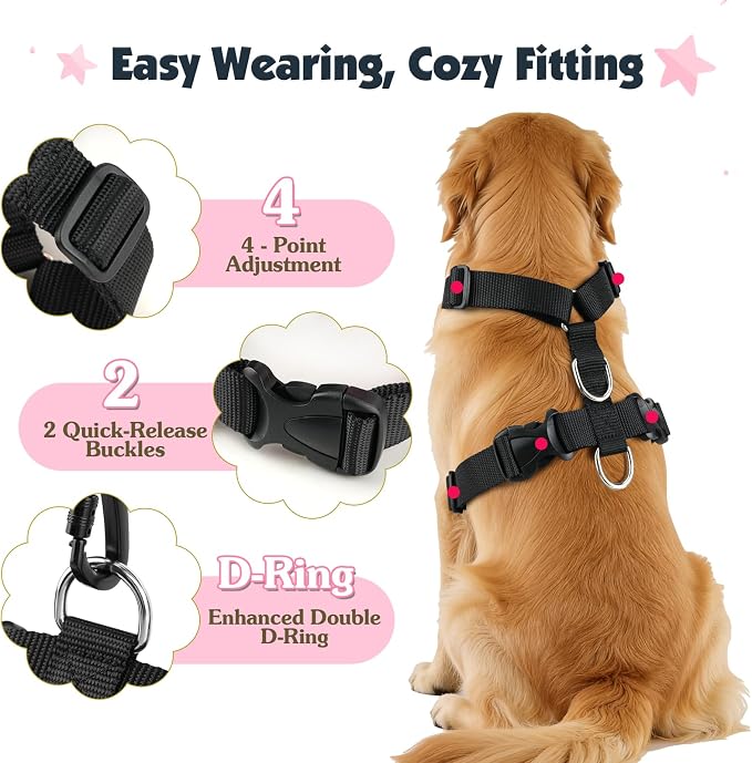 Pawaboo Dog Seat Belt Harness for Car, Dog Car Harness Seatbelt with Double Clips, Adjustable Breathable Pet Vest & Dogs Safety Tether with Elastic Bungee for Small Medium Large Pet, XL, Pink + Black
