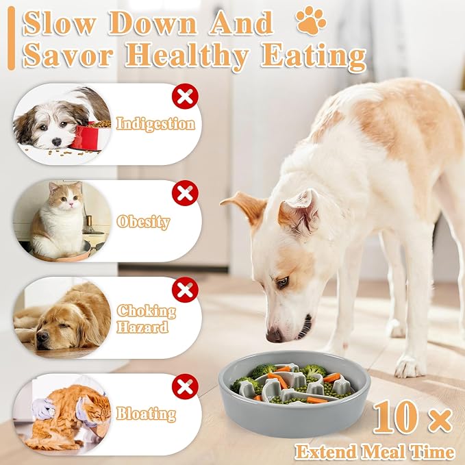 Ceramic Slow Feeder Dog Bowls, 2 Cups Dog Food Dish for Medium and Large Breed, Puzzle Dog Food Bowl for Fast Eater, 28OZ, 8.15 inch(Grey)